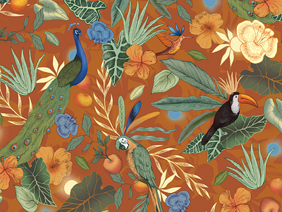 Orangery Surface Pattern Design all over print apparel birds botanical floral design humming bird orange flowers oranges pattern design peacock plants seamless pattern surface pattern design textile print tropic theme tropical tucan