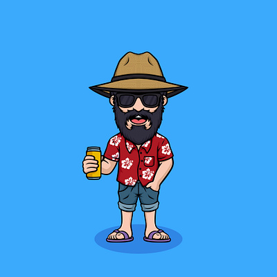 Hawaiian Cool Grandpa Cute Cartoon Illustration activity beach beard beer boy cartoon colorful cool cute drink grandpa hawaiian holiday illustration man people