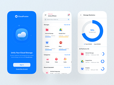 (CloudFusion) Combined Cloud Storage Managing Apps Design android apps best blue clean cloud management hire ios minimal mobile nice software storage top ui ux