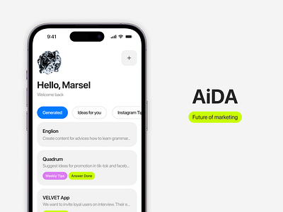 AI Marketing Mobile App — AiDA 3d ai animation app branding chat clean design figma flat interface ios marketing messenger minimal mobile ui ux uxui yellow