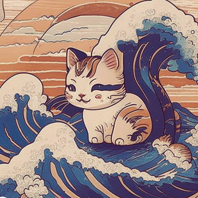illustration of a cat on the waves cat graphic design