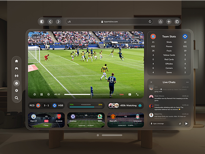 Sports Live Streaming - Spatial UI Design Experience apple design augmented reality football glassmorp immersive design livescore livestream mixed reality product design spatial computing spatial interface design spatial ui sport straming trending ui ux virtual reality vision os vr ar