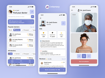 Telemedicine mobile app | Design concept blue designconcept doctor medicaldoctor medicine mobileapp mobileappdesign neutral telemedicine telemedicineapp ui violet white