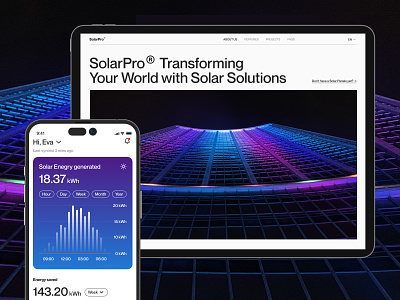 SolarPro – Renewable energy with solar panels (eco) app carbon clean energy climate change co2 dark eco energy environment footprint green energy hero mockup purple renewable renewable energy solar solar panels ui ux