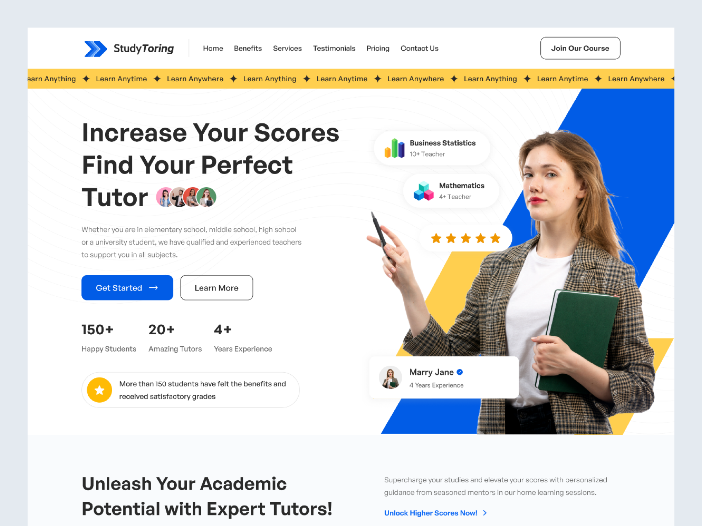 Education Landing Page - StudyToring class e learning education find teacher find tutor landing page landingpage learn learning private class private learning school services student teacher testimonial tutor tutoring university web design