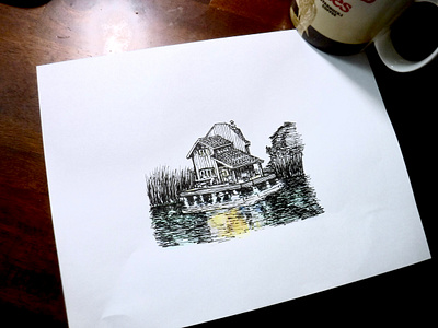 Cabin literally on the Lake cabin drawing illustration ink inktober lake