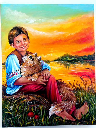 Original Art Ukraine, Ukrainian Boy with Cat on the Nature acrylic painting kid art cat hand painted kid nature paint painting style ukraine