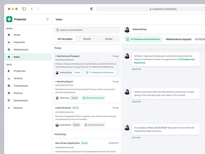 Propwise - Inbox Messaging Property Management Web App Saas chat conversation dashboard email inbox mail management message messaging picker product design property property management real estate saas segmented tabs tenant uiux webapp