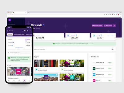Cashback rewards interface app cashback finance interface investments mobile rewards shopping ui web