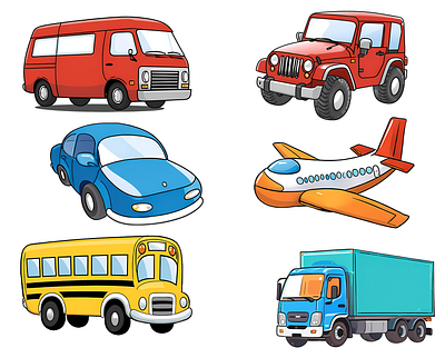 Vehicles for Children Storybook/Textbook ai generated airplane art bright car children clipart hand drawn illustration storybook textbook van vehicles vibrant