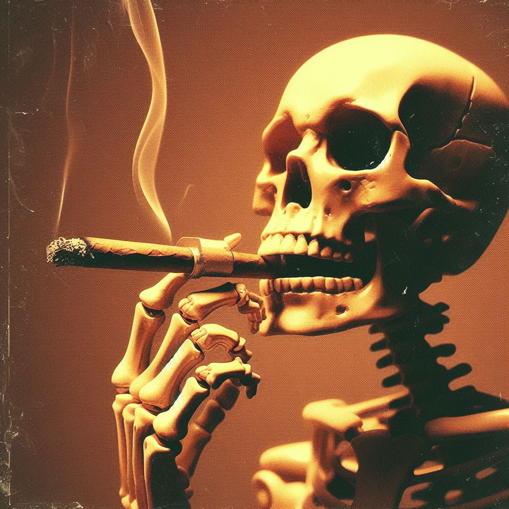 Smoky Bones: Vintage 90s Boom Bap Vibes Album Cover 90s albumcover artwork beats bonegrip boombap cigarsmoke classic darkaesthetics graphicdesign hiphop lofi music rebellion retro rhythm skeletonhand throwback vintage vinylcover