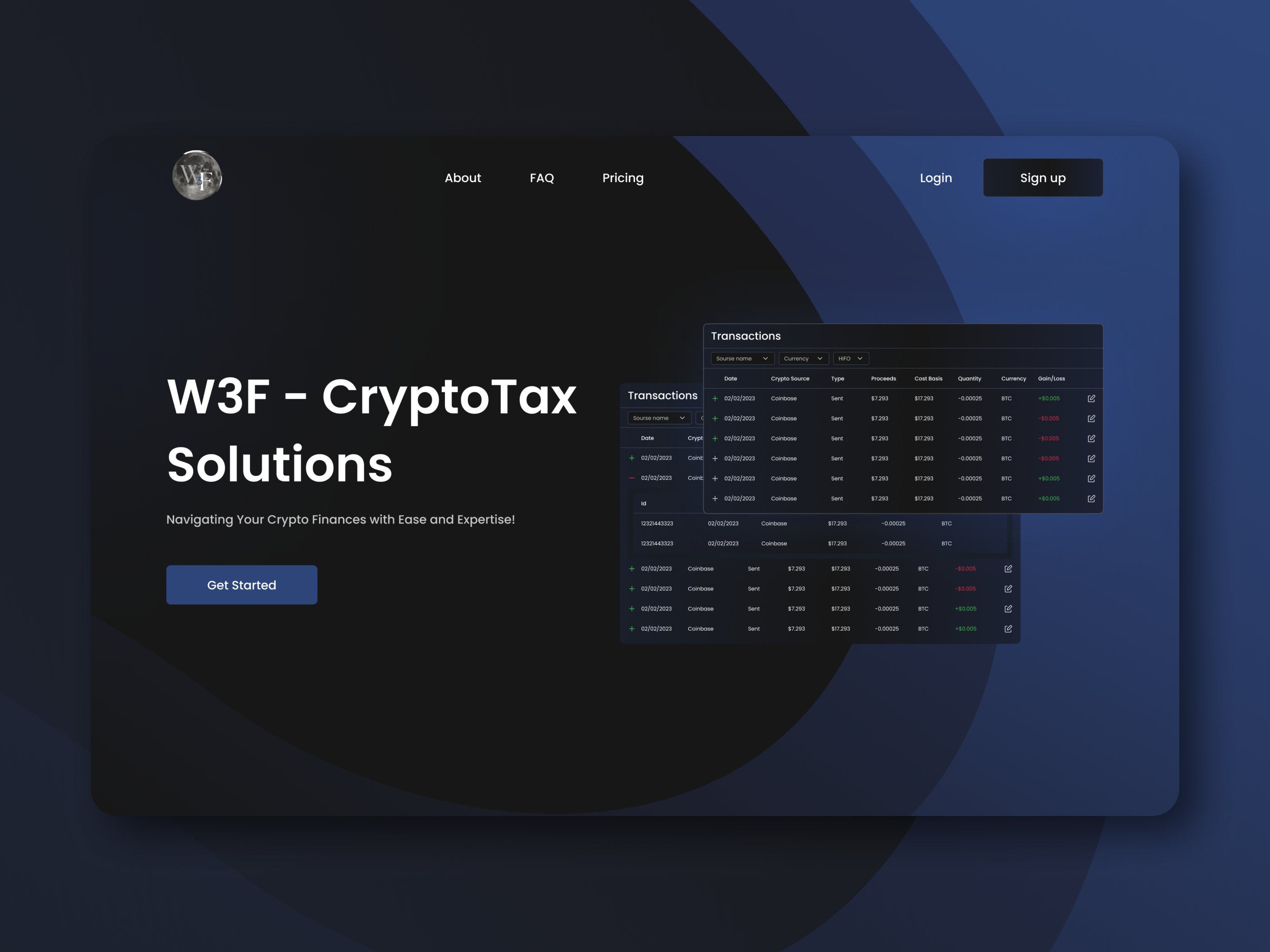 Transactions, Dashboards, Login, Sign up, Pricing, About app dark blue dashboard design personal account transactions ui ux uxui website