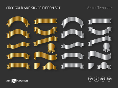 Free Gold and Silver Ribbon Set (PSD + Vector) free freebie gold golden photoshop psd ribbons silver template templates vectors