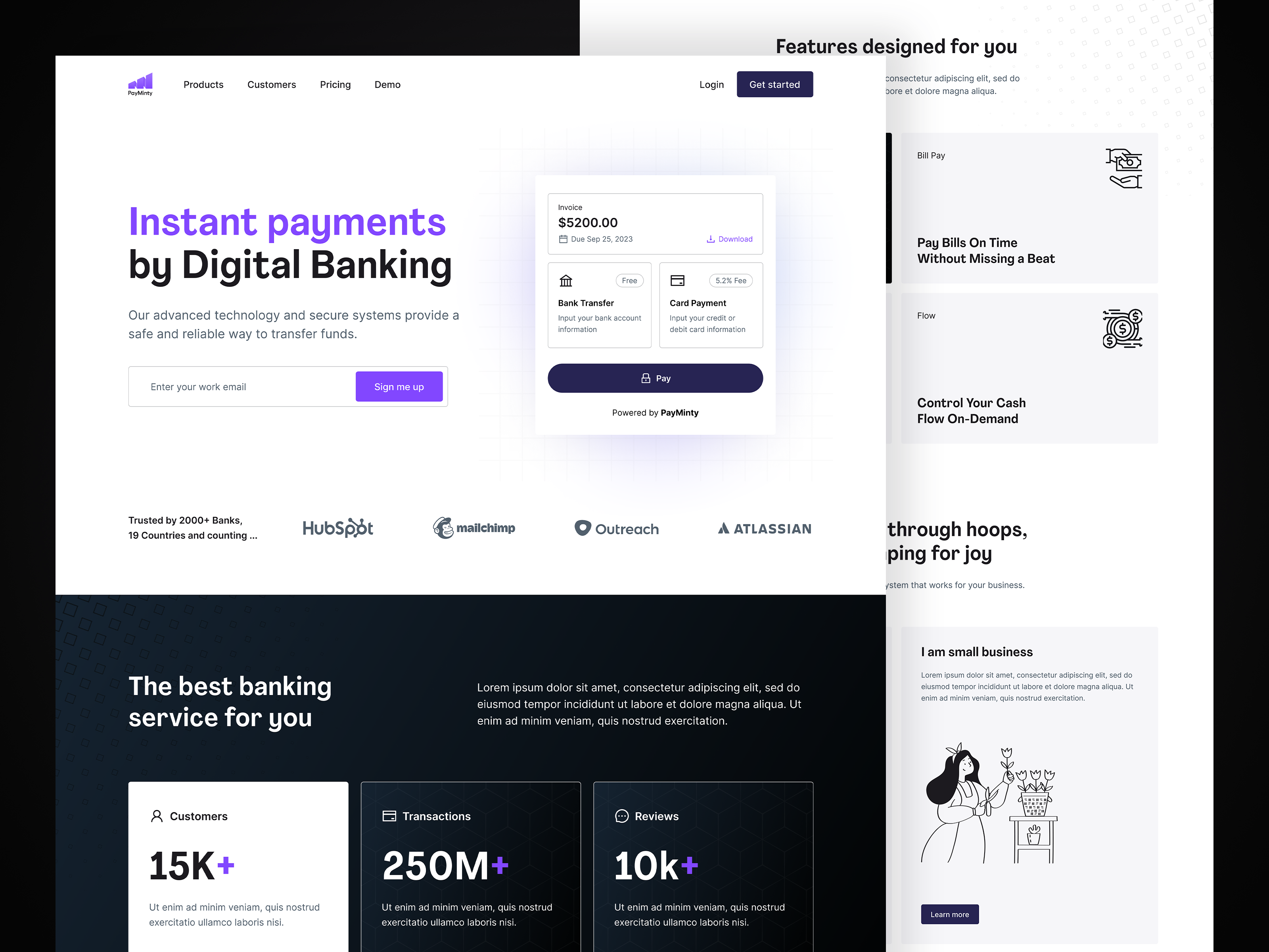 PayMinty - Fintech Landing Page bank services banking credit card debit card discount card finance financial website fintech fintech landing page fintech website design homepage illustration landing page modern banking money management payments product purchase startup ui