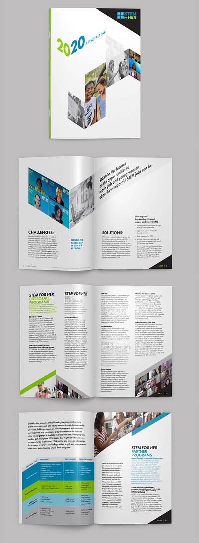 STEM for Her 2020 Annual Report brochure design graphic design illustrator indesign layout print design