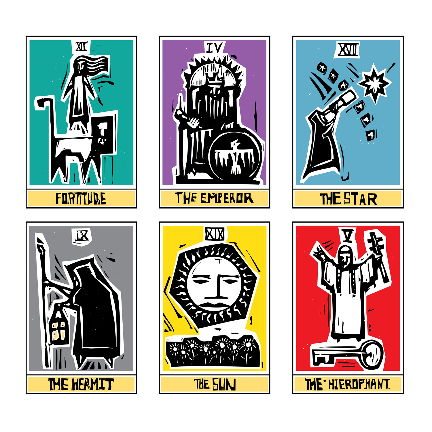 Woodcut Tarots arcane black and white book cover cards expressionistic graphic design illustration linocut sequence tarot woocut