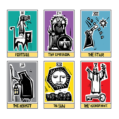 Woodcut Tarots arcane black and white book cover cards expressionistic graphic design illustration linocut sequence tarot woocut