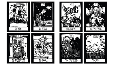 Woodcut Tarots arcane black and white book cover cards expressionistic graphic design illustration linocut sequence tarot woocut