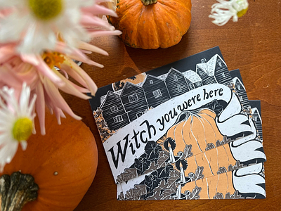 Witch you were here postcards autumn fall halloween illustration massachusetts pagan postcards pumpkins salem witch witchy