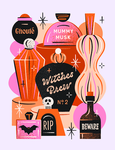 Potions + Perfumes 2d illustration colorful design drawing challenge editorial halloween hand lettering illustration lettering perfumes potions spooky