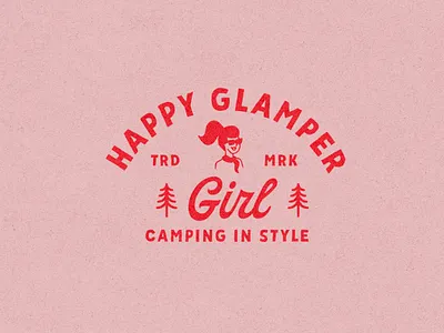Happy Glamper Girl – Outdoor Apparel Brand 1950s 1960s camping illustration mascot logo nostalgic outdoor apparel pink red retro typography vintage brand vintage logo
