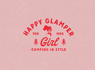 Happy Glamper Girl – Outdoor Apparel Brand 1950s 1960s camping illustration mascot logo nostalgic outdoor apparel pink red retro typography vintage brand vintage logo