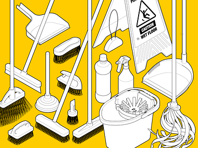 It's time to clean! adobe illustrator broom brush bucket caution cleanner dustpan instructional graphics isometric isometric art line art mop sprayer systematic illustration technical drawing technical graphics technical illustration toilet plunger vector graphics wet floor