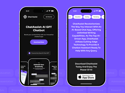 Chat Assist App - Landing Page Mobile View ai app chat assist chat gpt figma landing page mobile ui uidesign ux uxdesign