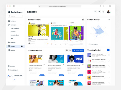 Content Page - SocialSphere campaigns content dashboard design monitoring saas social media ui ux web website