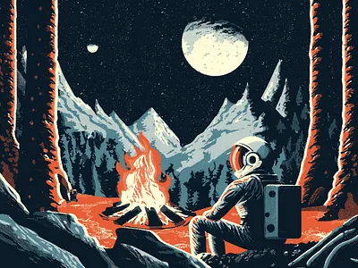 Space Camping camp fire camping halftone illustration montana mountains space