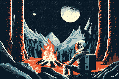 Space Camping camp fire camping halftone illustration montana mountains space