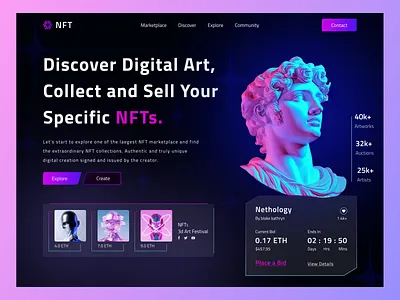 NFTs Marketplace Website 3d bitcoin cryptoart design digital agency ethereum home page landing page marketplace minimal clean design nft art nft marketplace nfts template ux design ux ui ux ui design webpage website design
