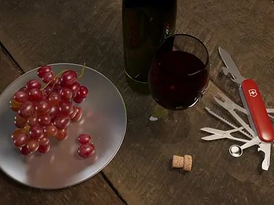 Grapes and Wine and Swiss Army Knife 3d modeling 3d rendering maya photorealistic substance painter texturing