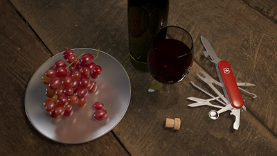 Grapes and Wine and Swiss Army Knife 3d modeling 3d rendering maya photorealistic substance painter texturing