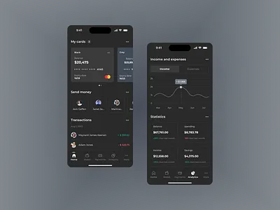 Dark banking mobile app analytics app balance banking dark theme dashboard finance fintech interface mobile mobile application money transfer product design ui ux