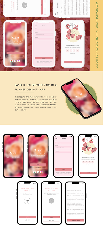 Flow layout for registering in a flower delivery app adobephtotoshop app appdesigner appdevelopment branding figma flower flowerapp flowerappregistration registration uidesigner uiux userflow verification