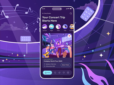 Concert Trip Planner: Mobile App Animation 🎤 animation app booking cards concert dancing dark theme design flight hotel interaction mobile onboarding orely payment seat sound stadium ticket ui