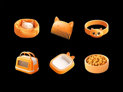 Cute pet accessories icons set. Pet shop 3d ai generated cat cat bed cat toilet collection comb icons illustration isolated kitten litter box modern pet pet bowl pet food png set shop warm