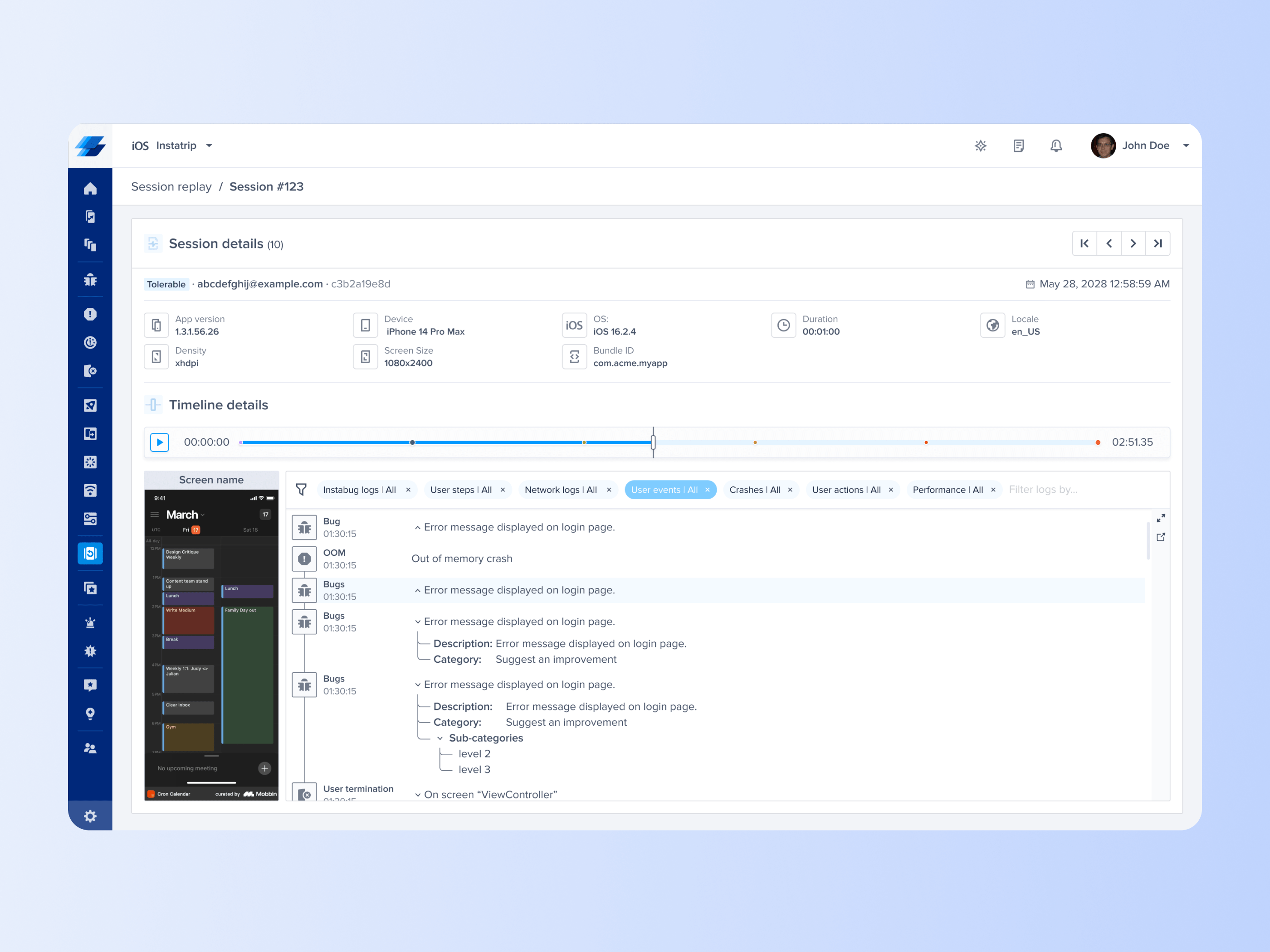 Session replay app quality identify and reproduce instabug product tour replay session reply usability issues