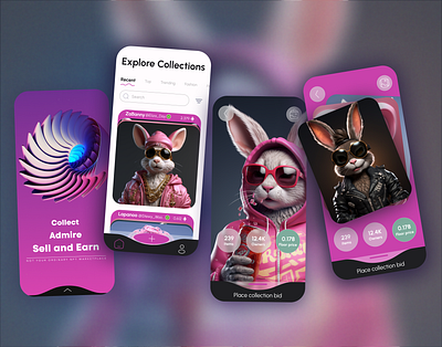 NFT marketplace ai art blockchain bunny elegant glass mobile app nft nft marketplace pink tap bar web 3