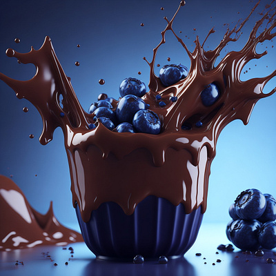 Milk Splash With Chocolate and Blueberry 3d 3d art ai art blue blueberry cgi chocolate colorful dairy drink food fruit graphic illustration liquid milk milk splash motion graphics splash visualization