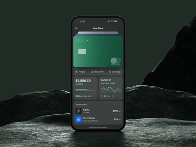 Flux – Product Design & Motion for Fintech App animation app banking clean dark fintech graph green minimal mobile app mockup motion product design ui ux