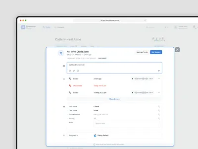 Docplanner Phone - Call Details modal assign to call call details call history clinic create to do patient call patient details phone phone number reception recording set subject