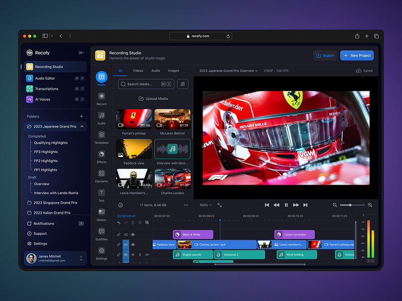 Video & Audio Studio Suite - Recofy Dashboard audio audio editor dark theme dashboard design edit editor f1 formula 1 interface light theme panel platform saas dashboard studio tool ui ux video video editor