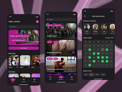 Dance school app app dance dance app dance education dance school dark dark theme education education app material mobile mobile app pink school app ui ux