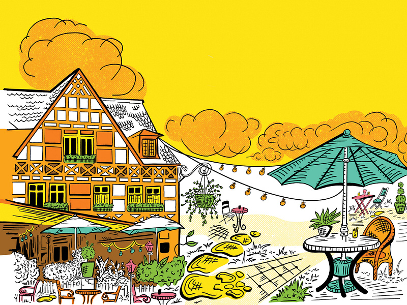 Biergarten Patio Illustration architecture bavarian beer beer garden biergarten colorful drawing flat german germany hand drawn house illustration illustrator line art minimalistic patio restaurant scene travel