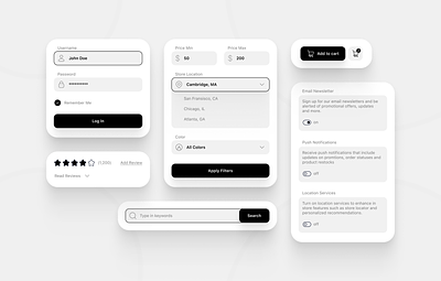 Style Guide app black branding cart design figma graphic design grey icon illustration logo notifications search settings shop style style guide ui ux white