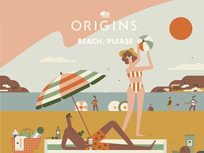 ORIGINS - Travel Well beach beachball bicycle character dog family hills illustration island ocean play recycle skincare squirrel summer sunny travel vector