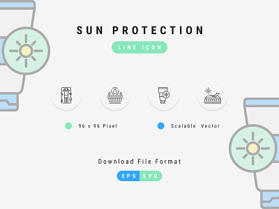 Sun Protection Icon Set, Line Icon Style 96 pixel icon design editable icon icon icon pack illustration line icon pixel perfect icon protection set sun thin line icon ui