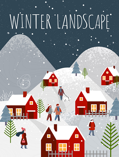 Winter landscape | Christmas card 2024 adobe illustrator christmas design digital illustration graphic design greeting card illustration landscape people snow texture winter wonderland